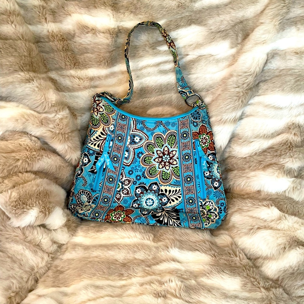 Vintage Vera Bradley Blue Zip Top Shoulder Purse Bag Tote Silver Ring Strap